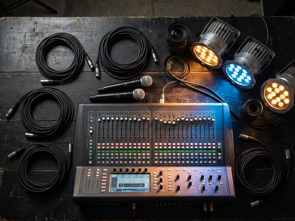 Professionele audioapparatuur met verlichte mengpaneel, XLR-kabels, microfoons en LED-verlichting op donker hout