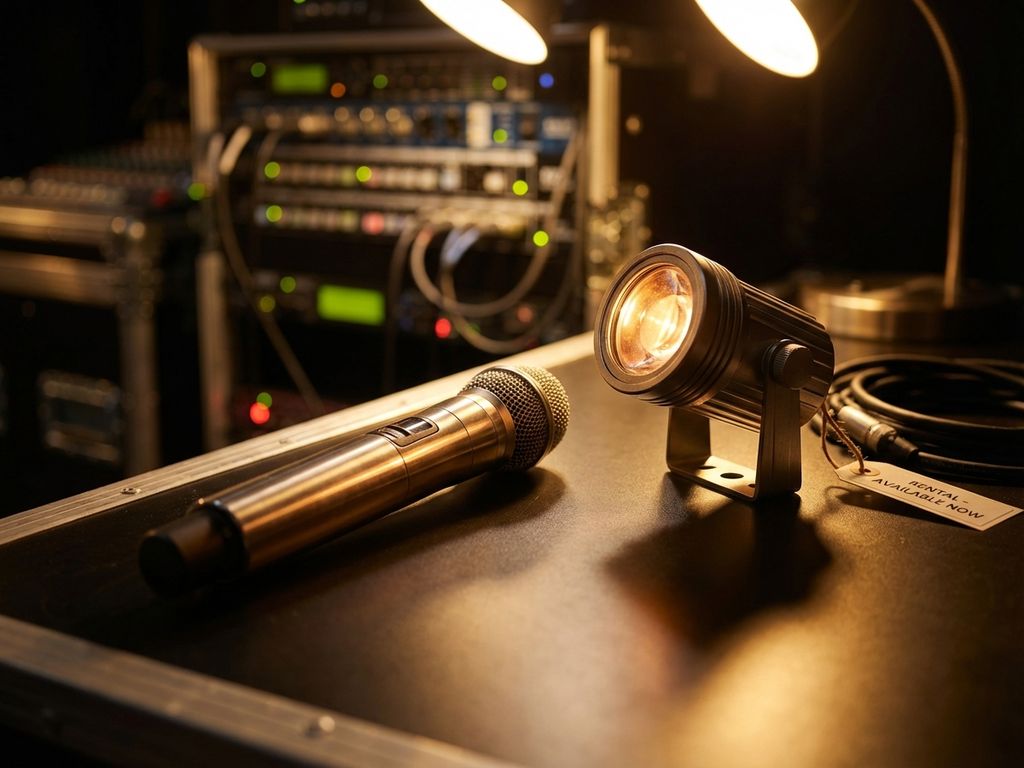 Professionele draadloze microfoon en LED-spot op zwarte ondergrond met dramatische studiobelichting en bokeh-effect