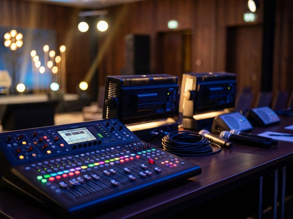 Professionele audiomixpaneel met verlichte knoppen voor bedrijfsevenement, omgeven door warme LED-verlichting