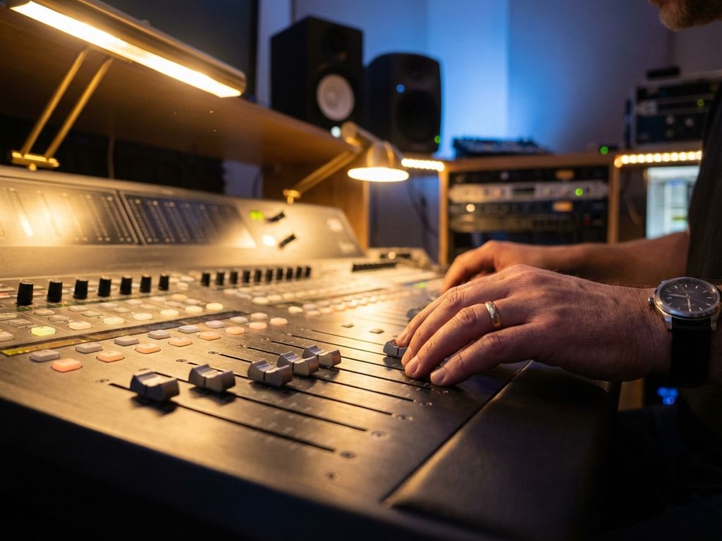 Professionele handen bedienen audiomixpaneel met verlichte knoppen en schuifregelaars in studio-omgeving