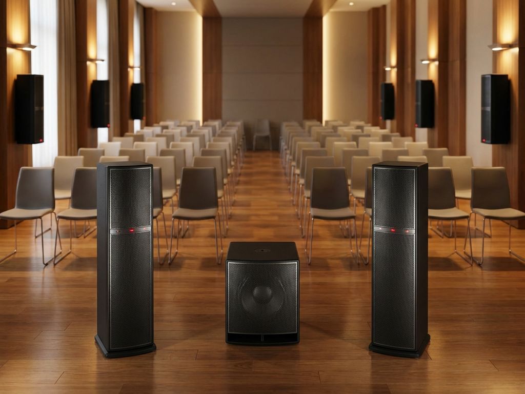 Professionele audiospeakers in moderne conferentieruimte met 100 lege stoelen in rijen gerangschikt