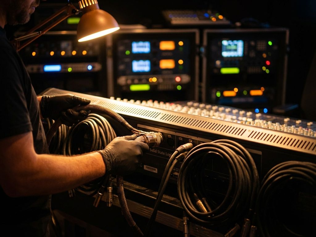 Professionele technicus verbindt audiokabels met mengpaneel in verlichte controlekamer met LED-apparatuur op achtergrond