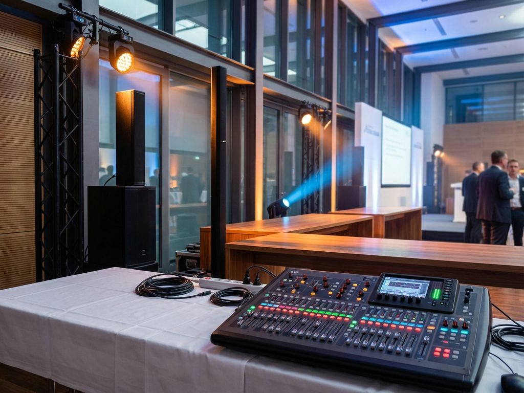 Professionele audiovisuele apparatuur met LED-indicatoren op wit tafelkleed in moderne conferentieruimte met sfeerverlichting