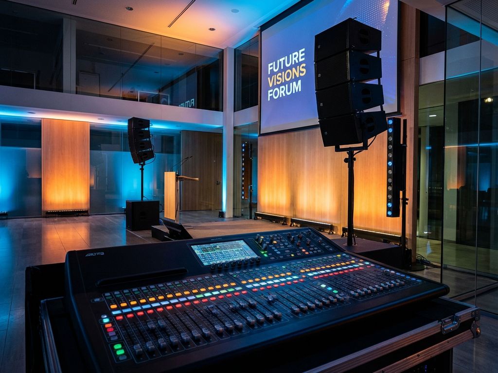 Professionele audiovisuele opstelling in moderne vergaderruimte met speakers, LED-verlichting en mengpaneel