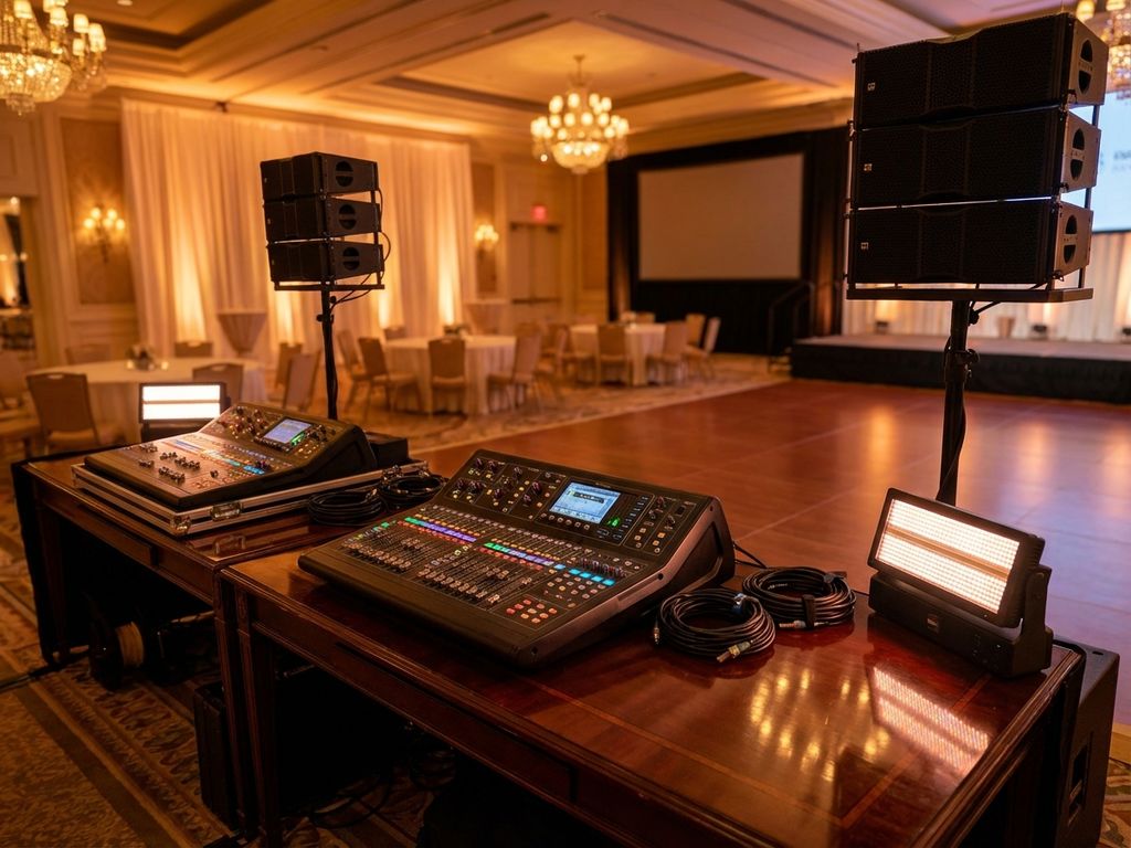 Professionele audiovisuele apparatuur op elegante tafels in luxe hotelballroom met warme sfeerverlichting