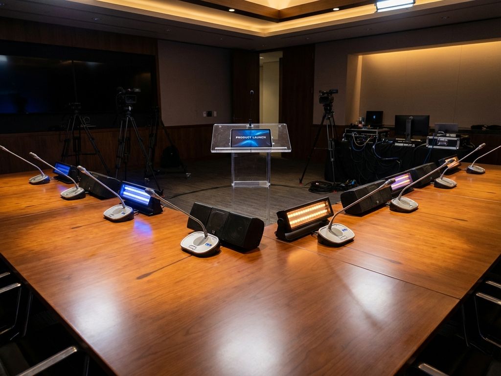 Professionele audiovisuele opstelling met microfoons en speakers op vergadertafel voor productlancering presentatie