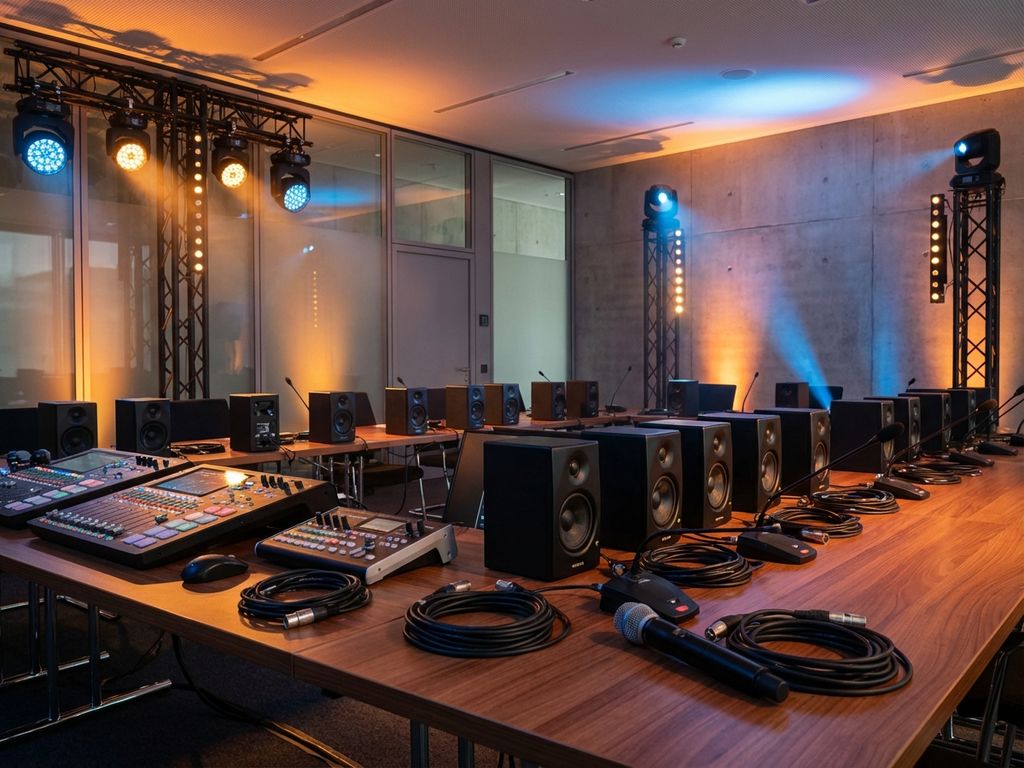 Professionele audiovisuele apparatuur in moderne vergaderruimte met speakers, mixpanelen en microfoons onder dramatische verlichting