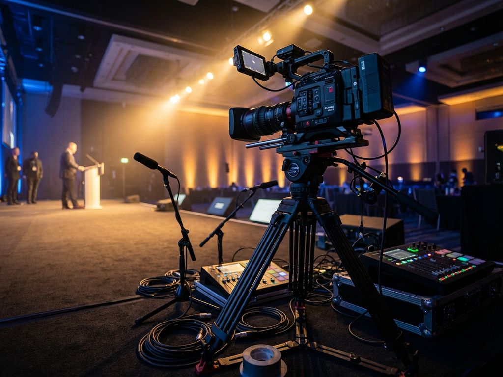 Professionele videocamera op statief filmt conferentie-evenement met podiumverlichting en audio-apparatuur