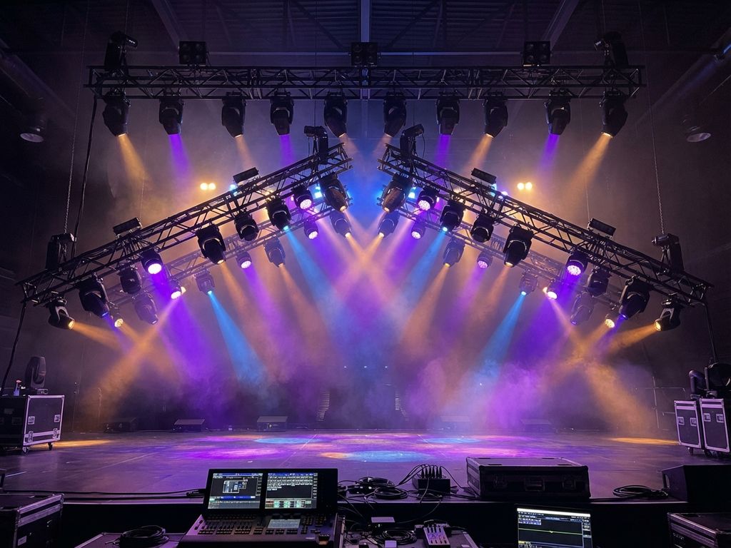 Professionele evenementenverlichting met kleurrijke LED-spots en bewegende lampen op zwarte truss-systemen