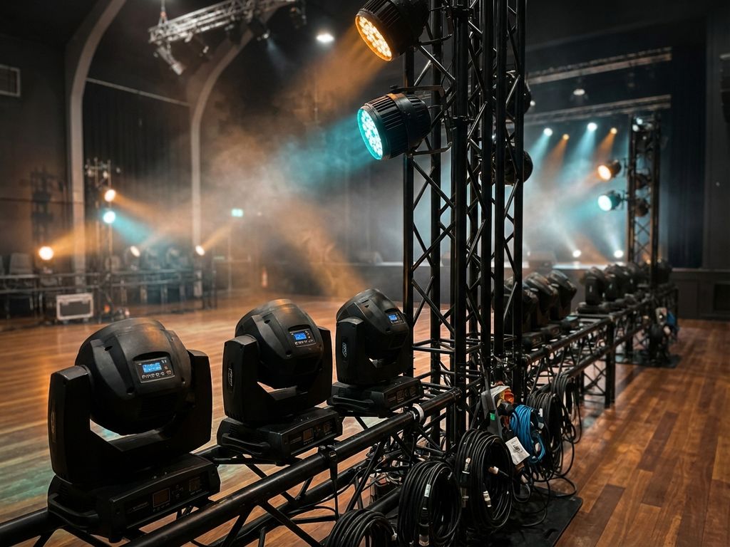 Professionele evenementenverlichting met LED-spots en trusssystemen die gouden en blauwe lichtstralen creëren in ruimte