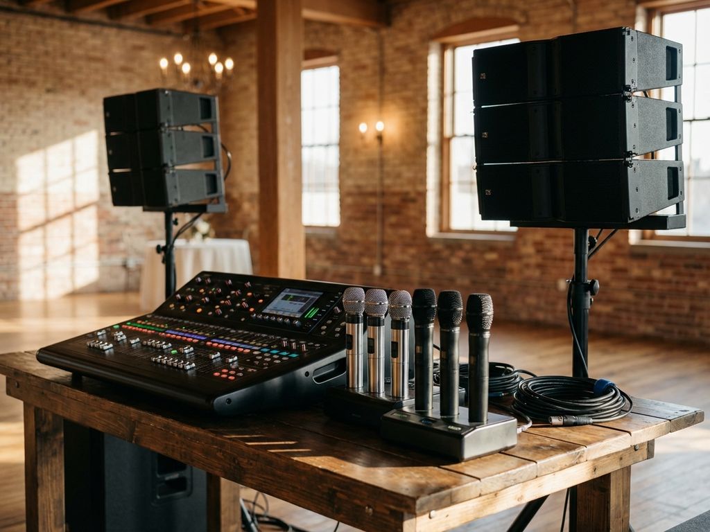 Professionele geluidsapparatuur met zwarte speakers, digitale mengpaneel en draadloze microfoons op houten tafel