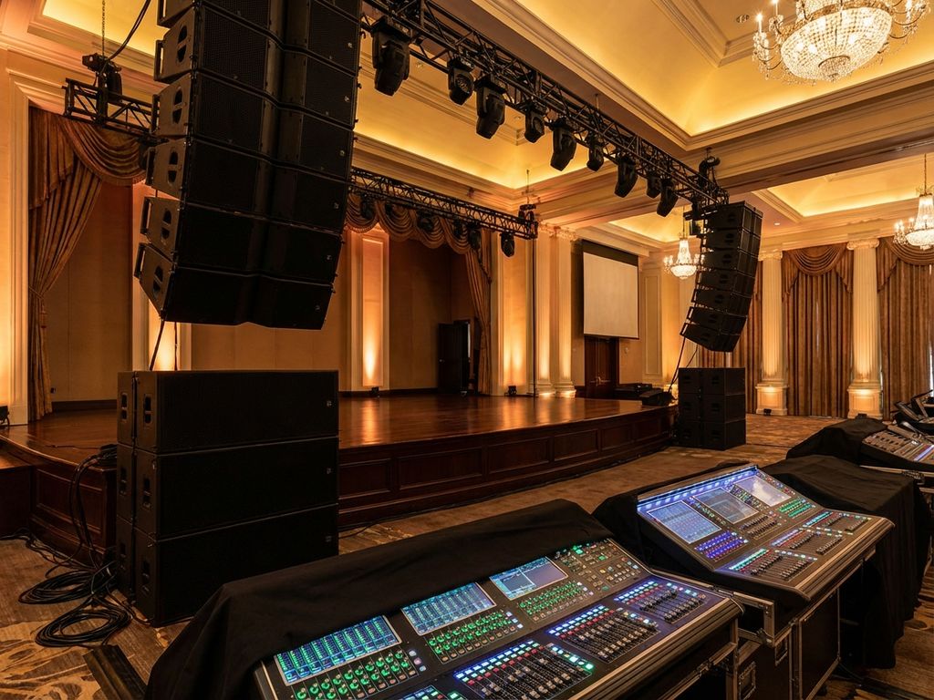 Professionele evenementenlocatie met grote zwarte luidsprekersystemen, mengpanelen en warme podiumverlichting