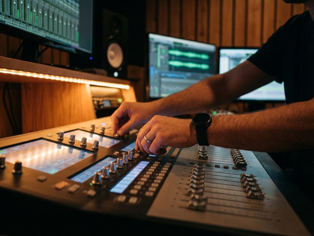 Professionele audiotechnicus bedient mixpaneel in moderne controlekamer met LED-verlichting en audiomonitoren