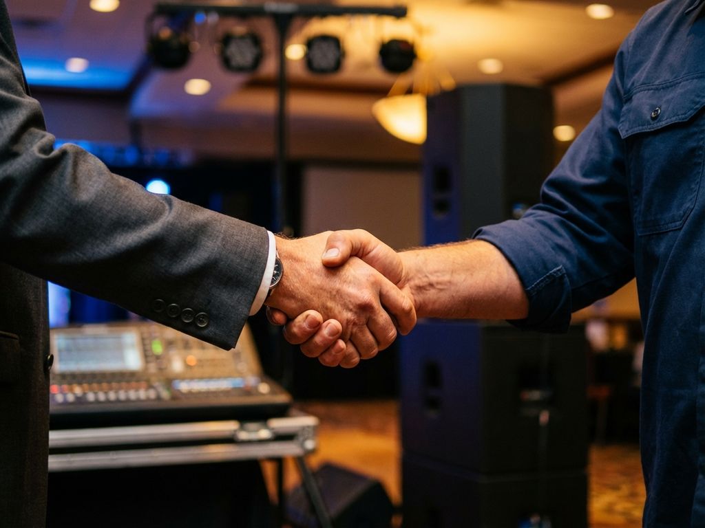 Zakelijke handdruk tussen professionals met audiovisuele apparatuur op achtergrond, symboliseert partnerschap