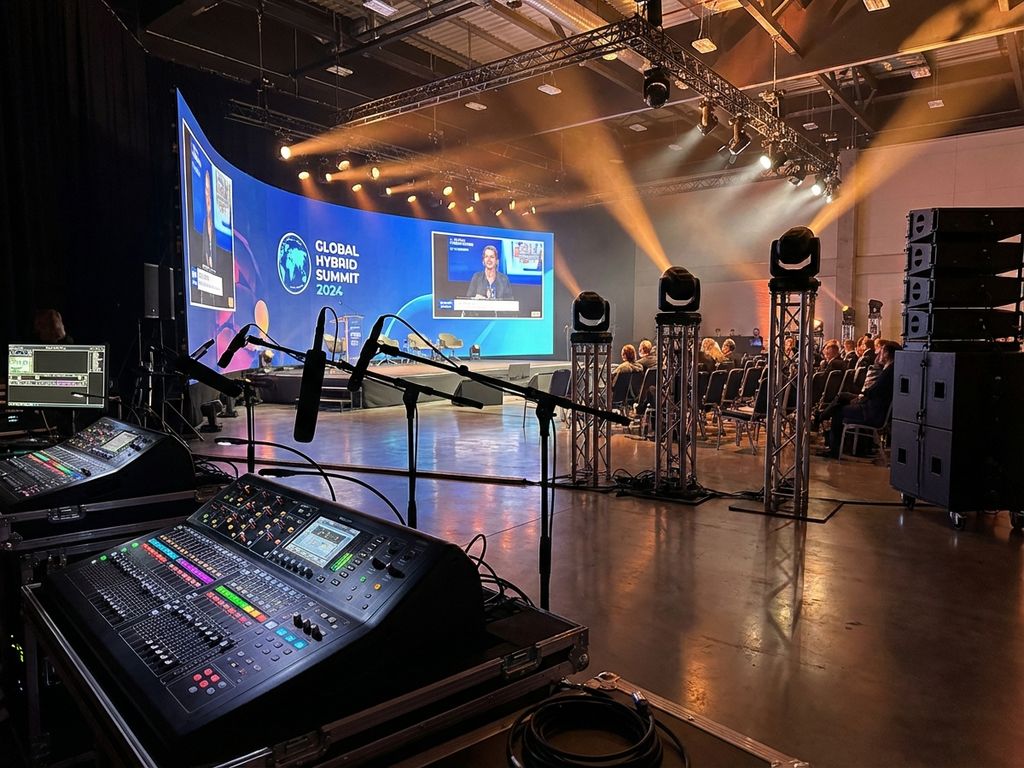 Professionele hybride evenement setup met mengpanelen, microfoons, LED-schermen en verlichtingsapparatuur in conferentiezaal