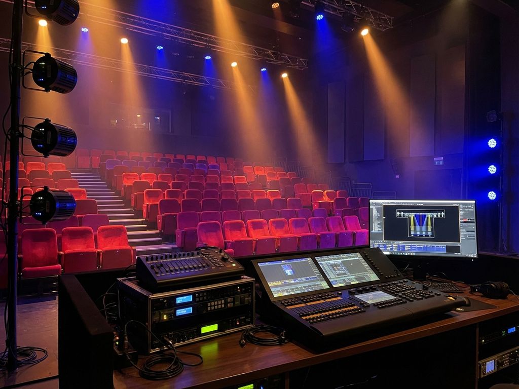 Professionele LED theaterlichtinstallatie met gouden en blauwe verlichting boven rode fluwelen stoelen en bedieningsconsole