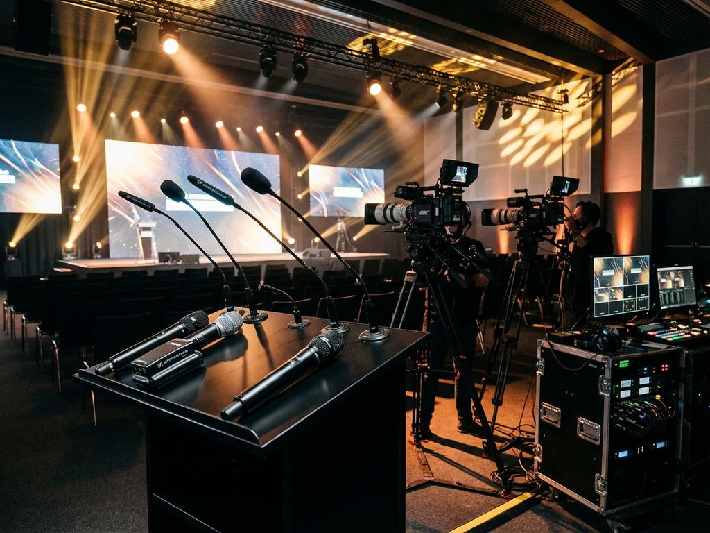 Professionele evenementopstelling met zwart podium, draadloze microfoons en camera's gericht op verlichte conferentiezaal