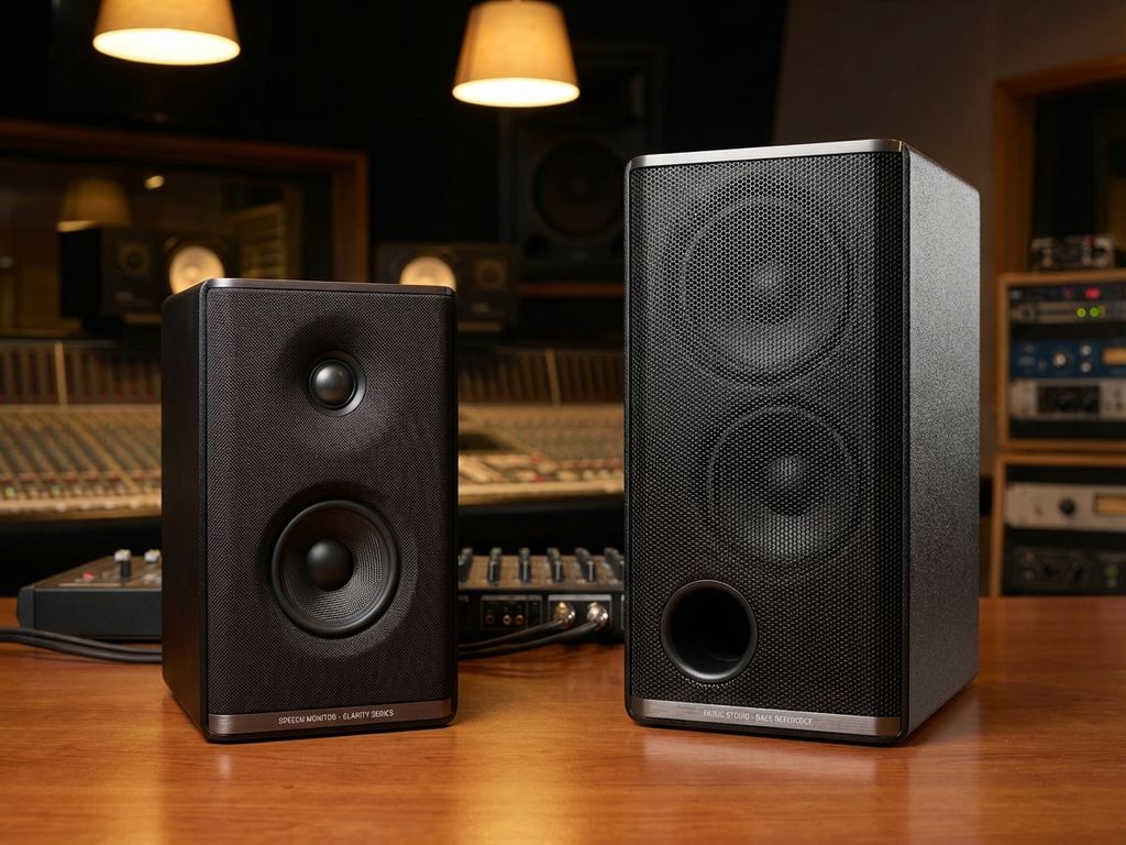 Twee professionele luidsprekers op houten oppervlak: spraakgerichte speaker links, muziekgerichte speaker rechts in studio-omgeving