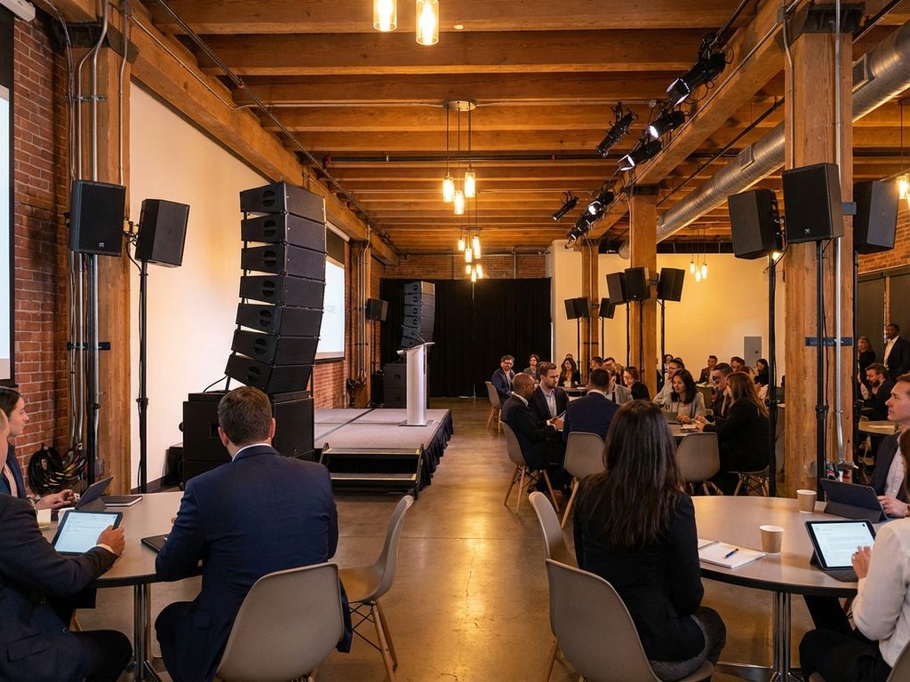 Professioneel evenementlocatie met meerdere high-end speakers rondom podium, warme verlichting en moderne inrichting