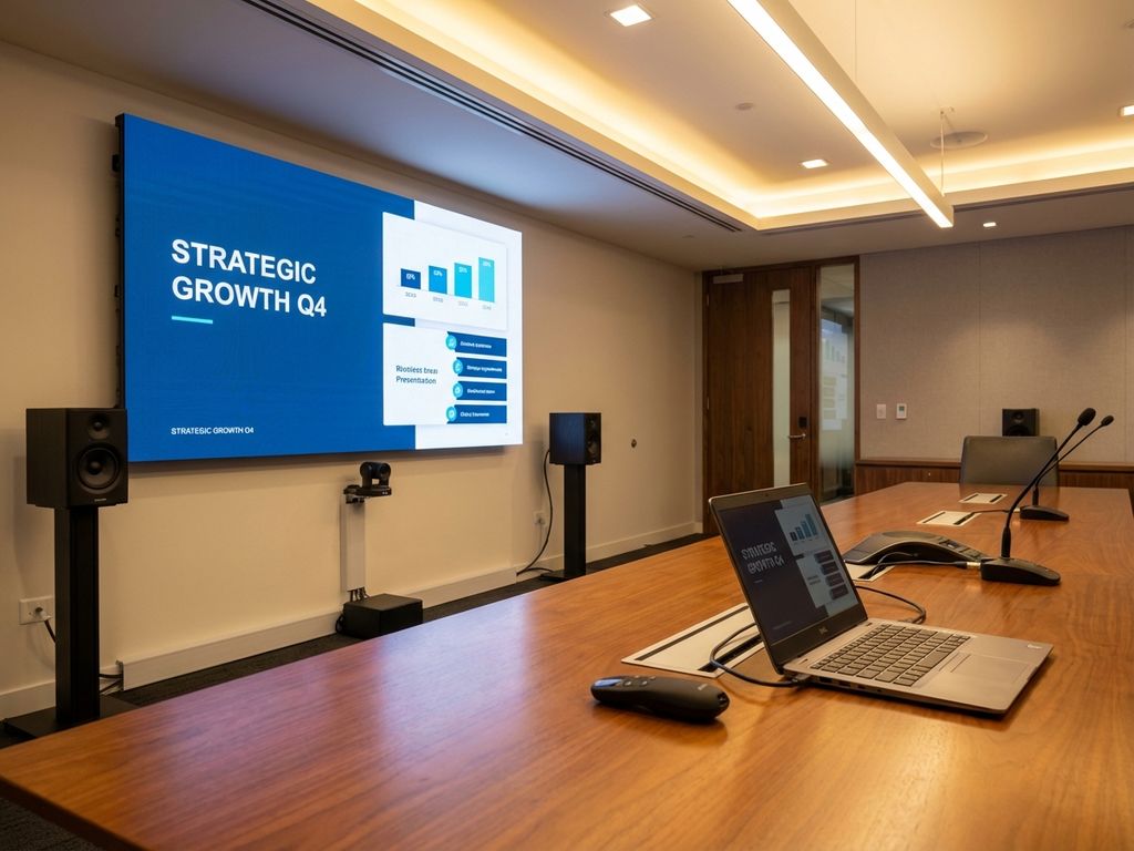 Moderne vergaderzaal met groot wandscherm, draadloze presentatieapparatuur en professionele audiovisuele opstelling