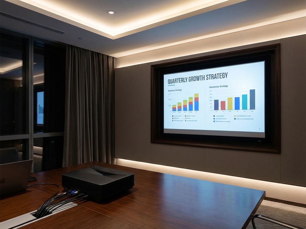Professionele vergaderruimte met projector die heldere presentatie toont op wit scherm, optimale verlichting