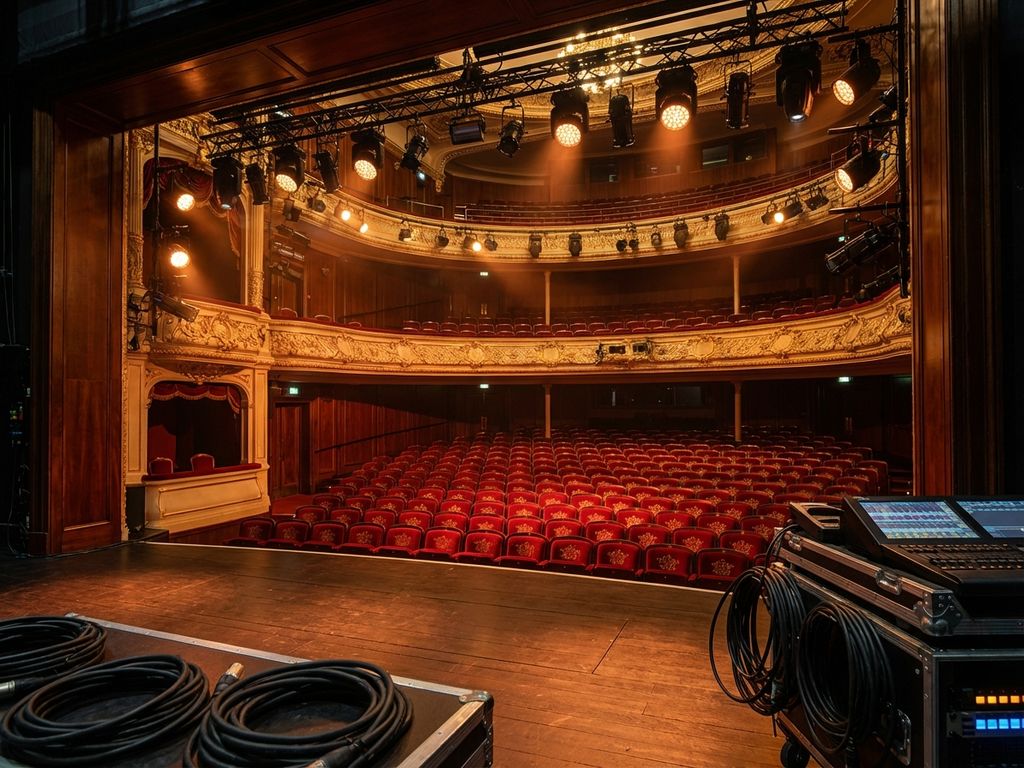 Theaterinterieur met rode fluwelen stoelen en professionele podiumverlichting vanuit het perspectief van het toneel