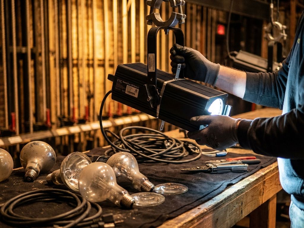 Handen installeren moderne LED-spotlight in theater rigging systeem, oude gloeilampen en gereedschap op werkbank zichtbaar