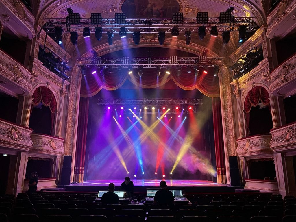 Theaterpodium met dramatische LED-verlichting, kleurrijke spots door nevel, rode gordijnen en zichtbare verlichtingsapparatuur