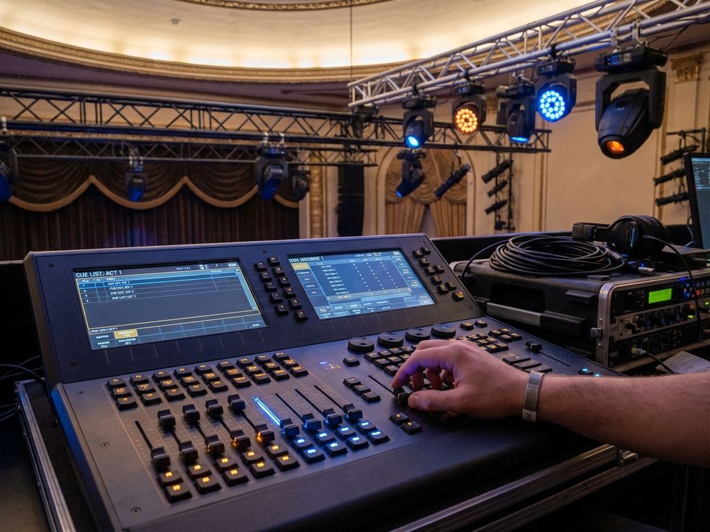Professionele theaterlichtmengpaneel met verlichte faders en digitale displays, LED podiumverlichting op achtergrond