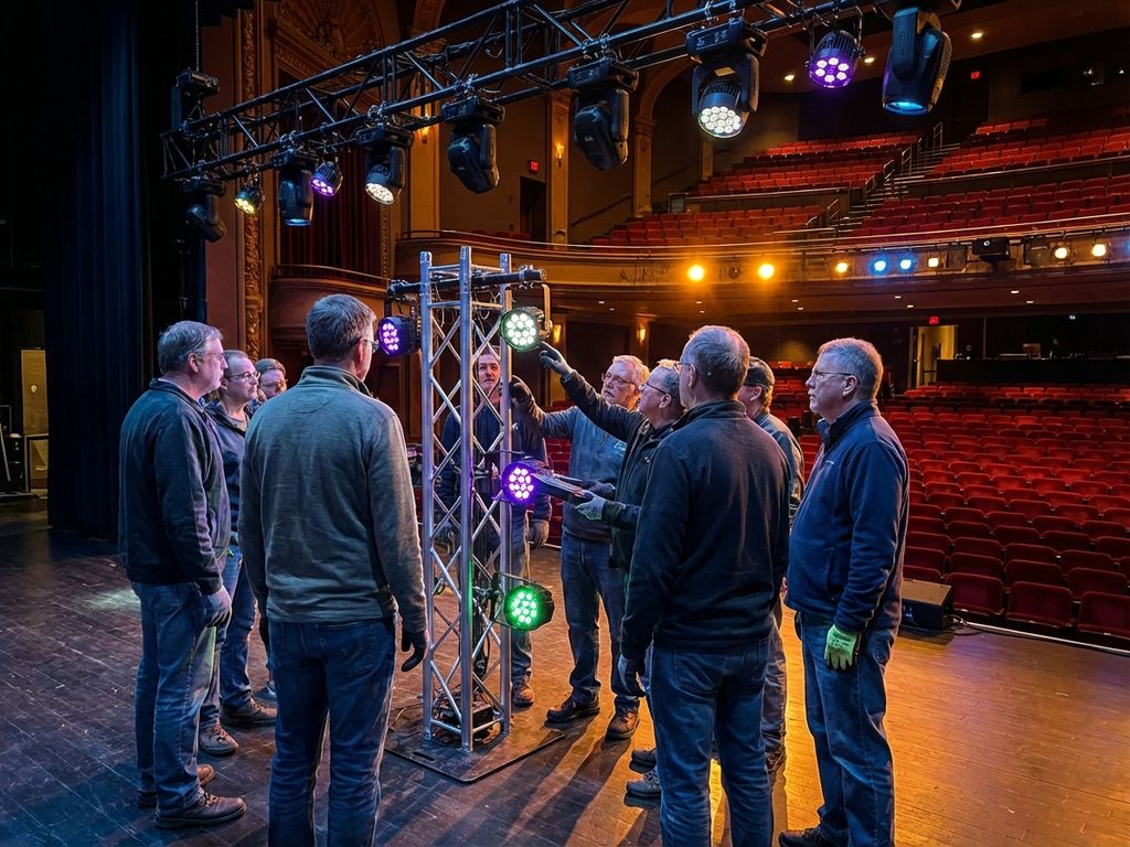 Vrijwilligers leren LED-toneelverlichting bedienen in professioneel theater met kleurrijke spotlights en rode stoelen