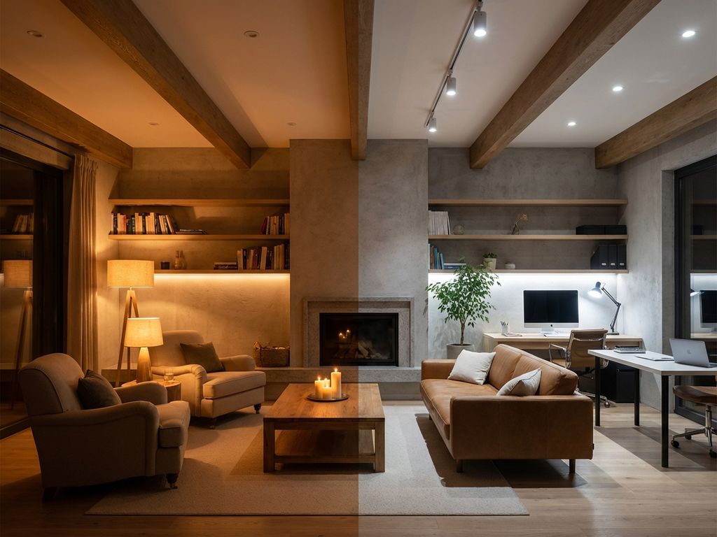 Moderne woonkamer met warme sfeerverlichting links en heldere werkverlichting rechts in gesplitste compositie