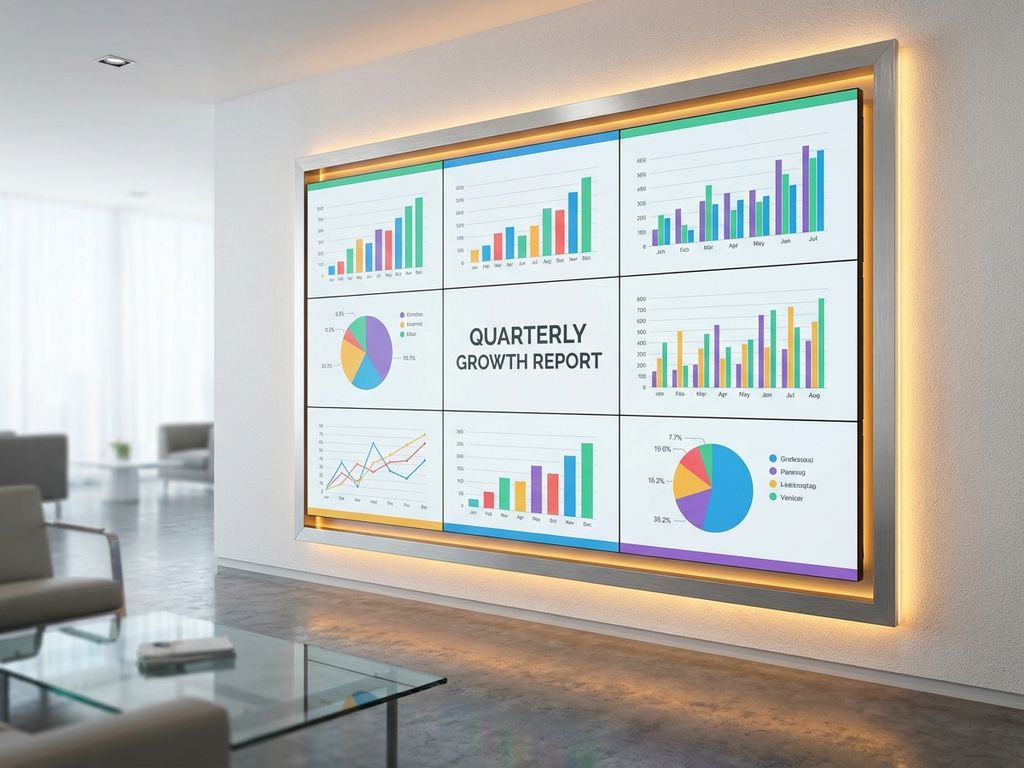 Professioneel videowand displaysysteem met HD-schermen toont zakelijke presentaties in moderne kantooromgeving
