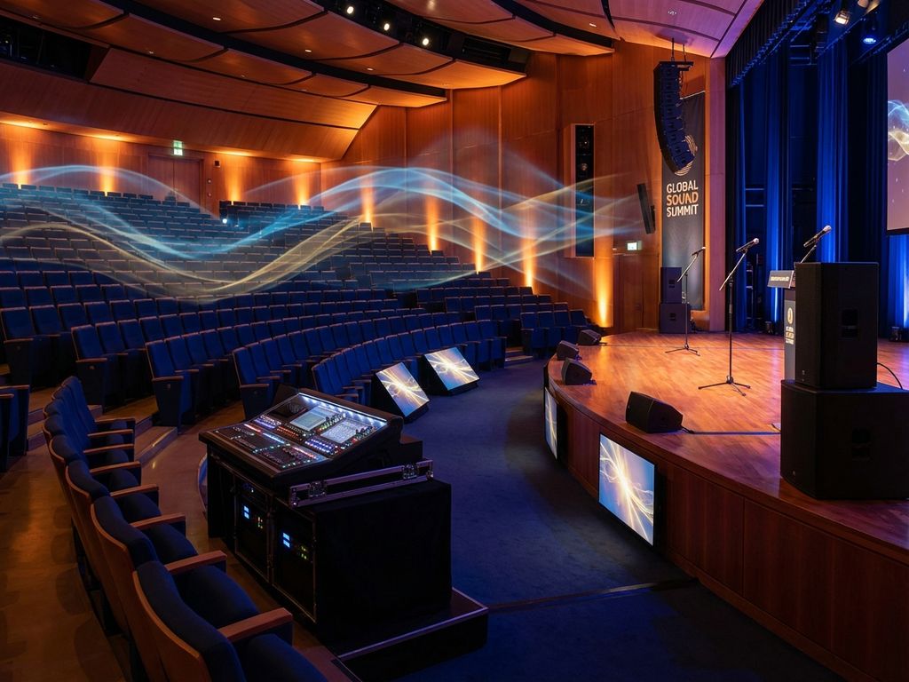 Professionele conferentiezaal met rijen stoelen gericht op modern podium met audio-apparatuur en warme sfeerverlichting