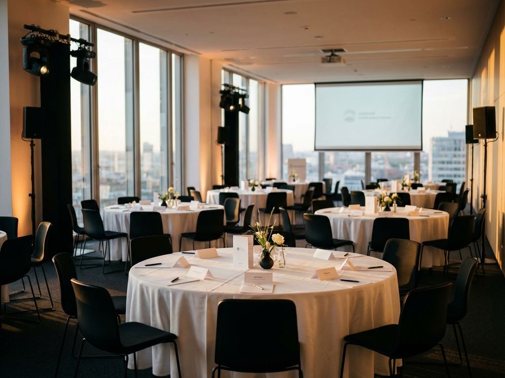 Elegante conferentieruimte met ronde tafels, witte linnen en zwarte stoelen voor zakelijk evenement