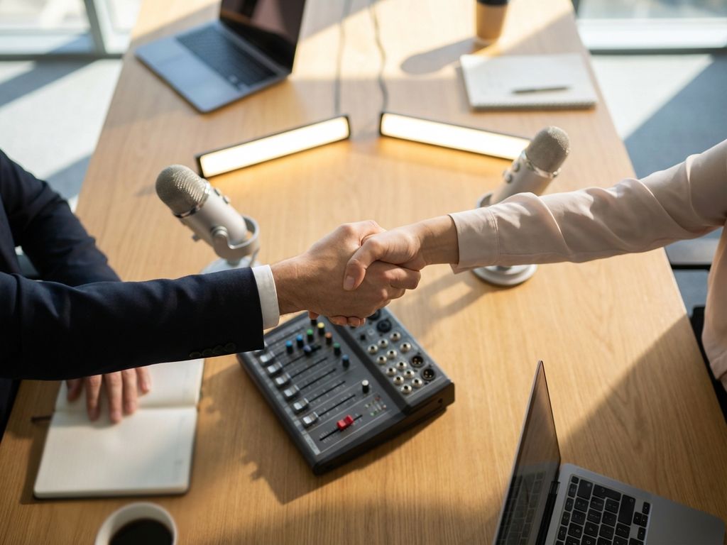 Zakelijke handdruk over bureau met professionele audiovisuele apparatuur en natuurlijk licht