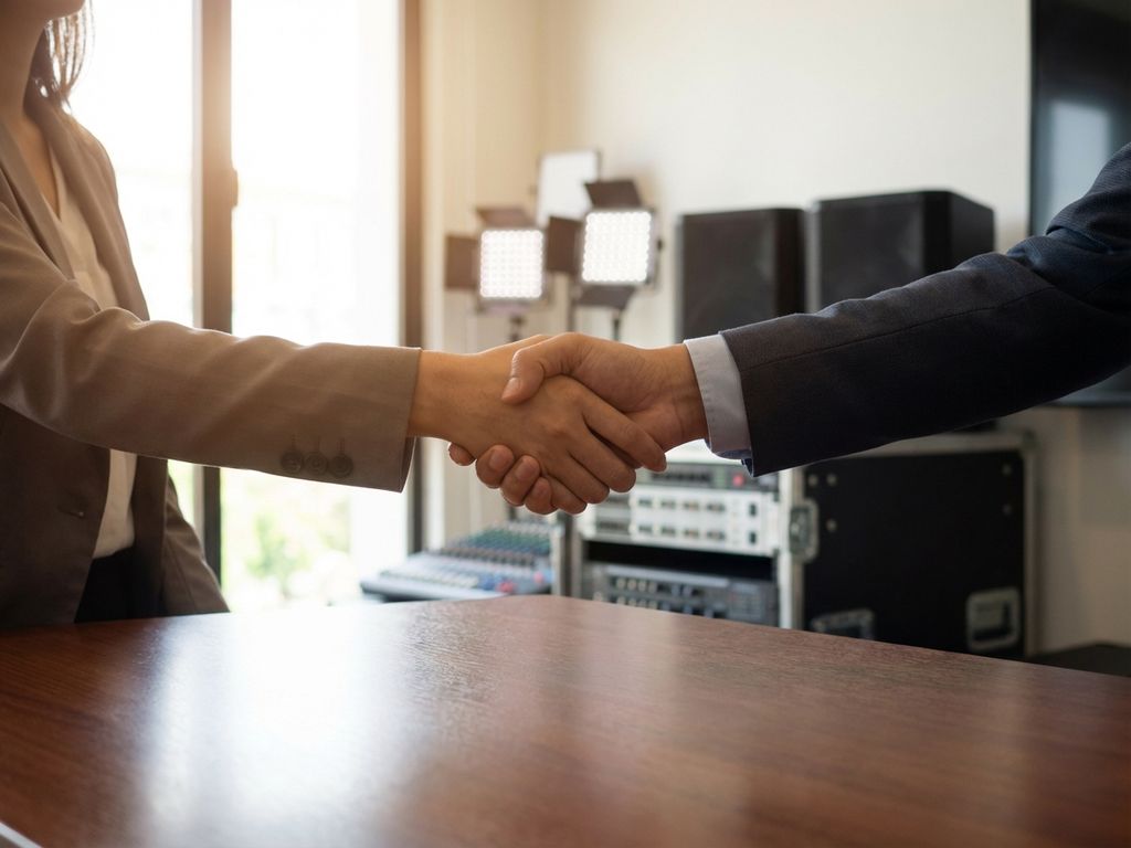 Professionele handdruk boven conferentietafel met audiovisuele apparatuur op achtergrond in moderne zakelijke omgeving