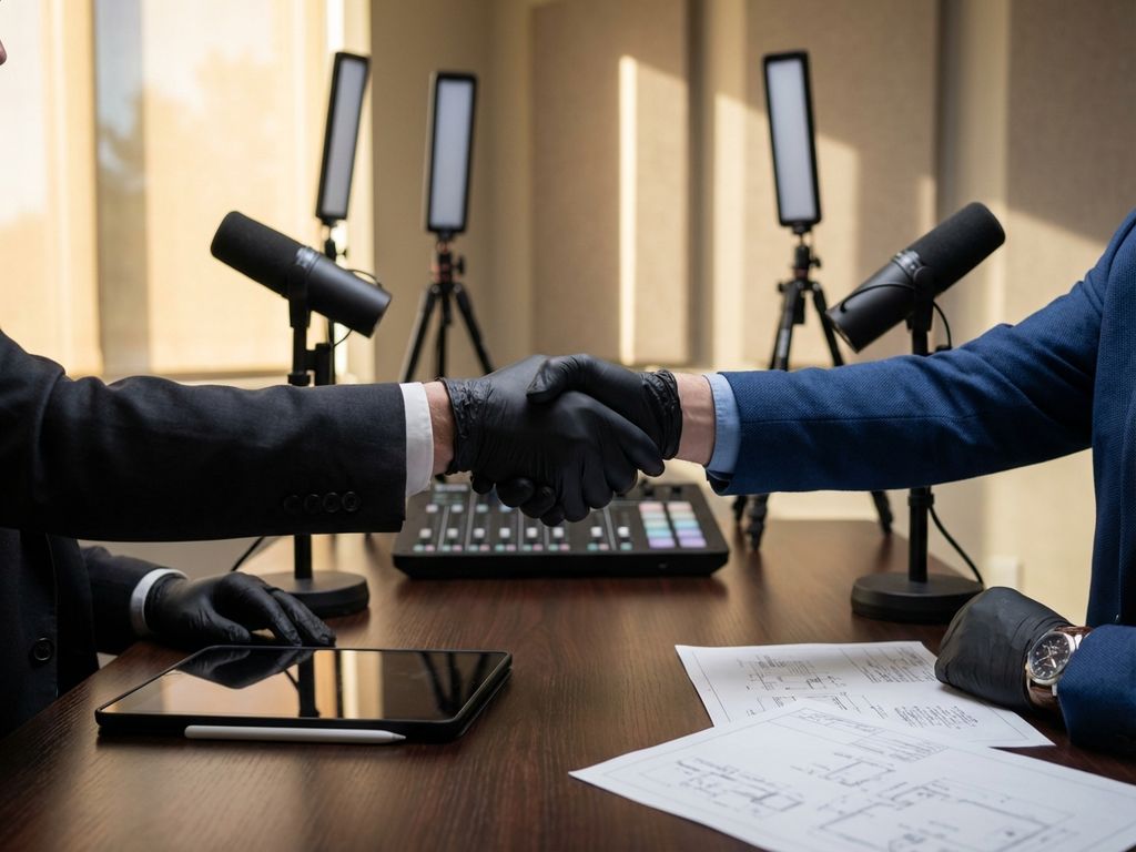 Twee zakelijke professionals schudden handen boven tafel met professionele audiovisuele apparatuur op achtergrond