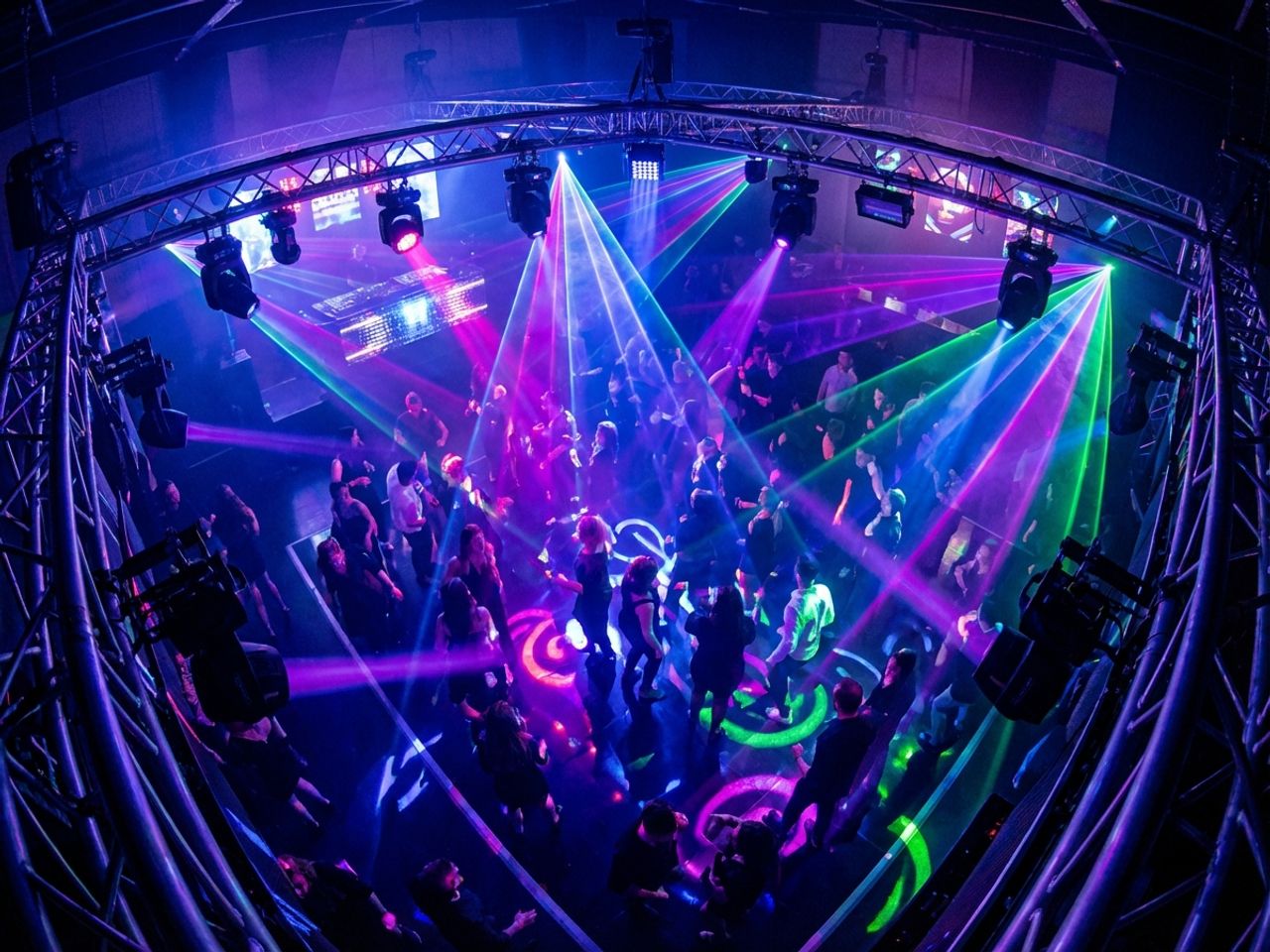 Dansvloer van bovenaf met professionele LED-verlichting in blauw, paars en magenta die dramatische lichtstralen creëert