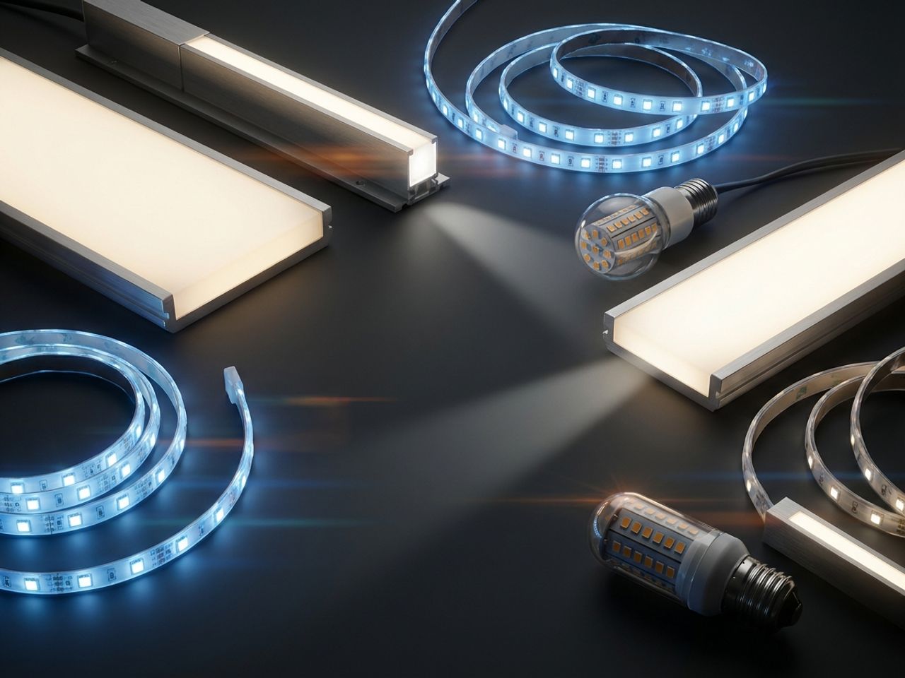 Moderne LED-lampen en lichtstrips in warm wit en koel blauw licht tegen donkere achtergrond met dramatische schaduwen