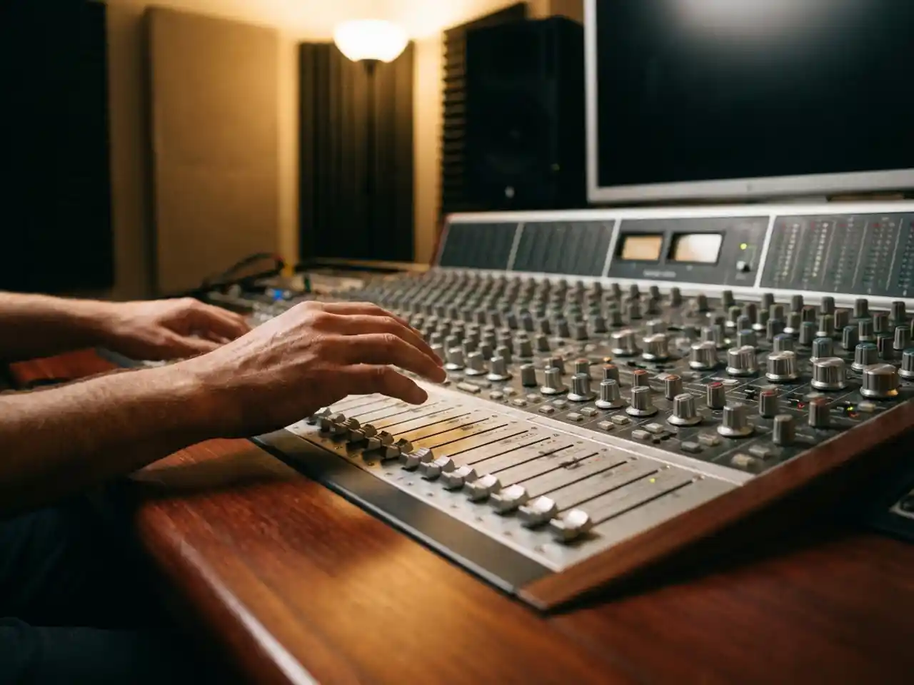 Handen boven professionele audiomixconsole met faders en knoppen op houten bureau in warme studiolighting