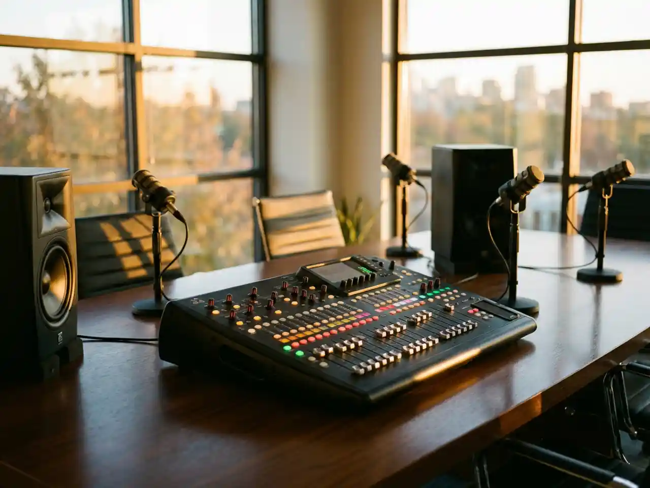 Zwarte mengpaneel met verlichte faders op houten vergadertafel, omringd door professionele microfoons en speakers