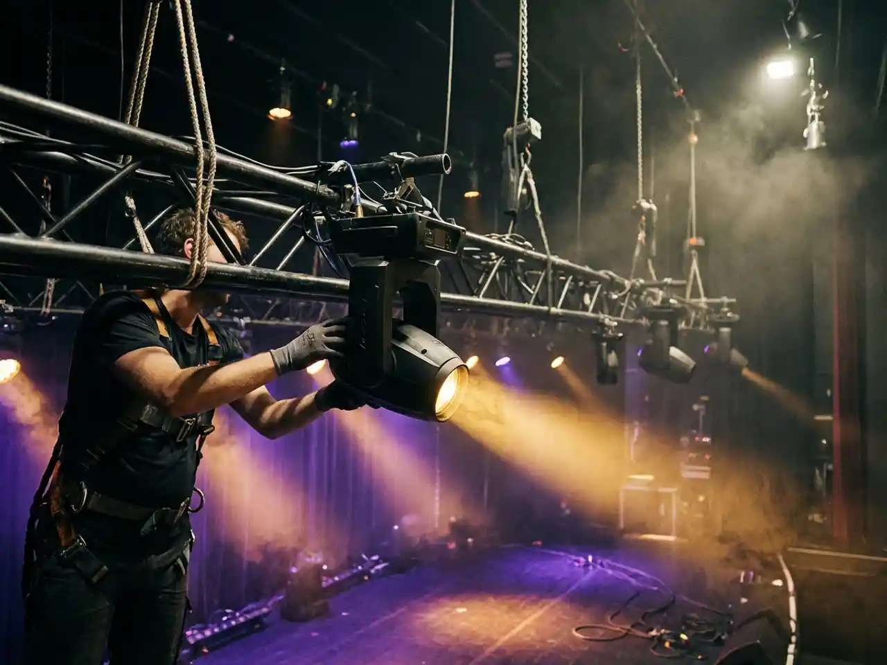 Professionele lichttechnicus stelt LED-spot bij op zwarte truss, gouden lichtstraal door theaternevel met paarse en amber podiumverlichting