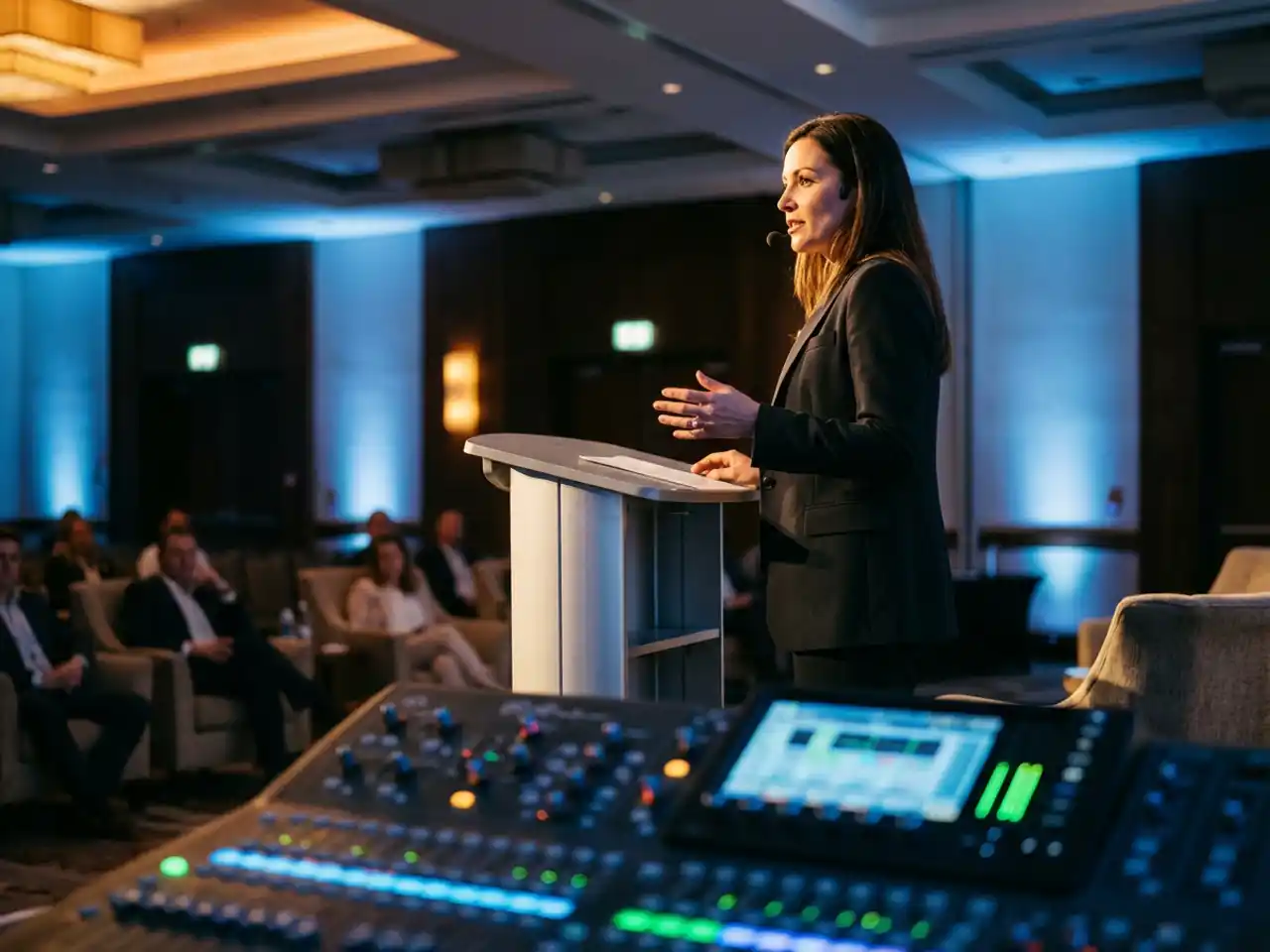 Professionele spreker op podium met microfoon en dramatische belichting, audiomengpaneel met LED-meters op voorgrond