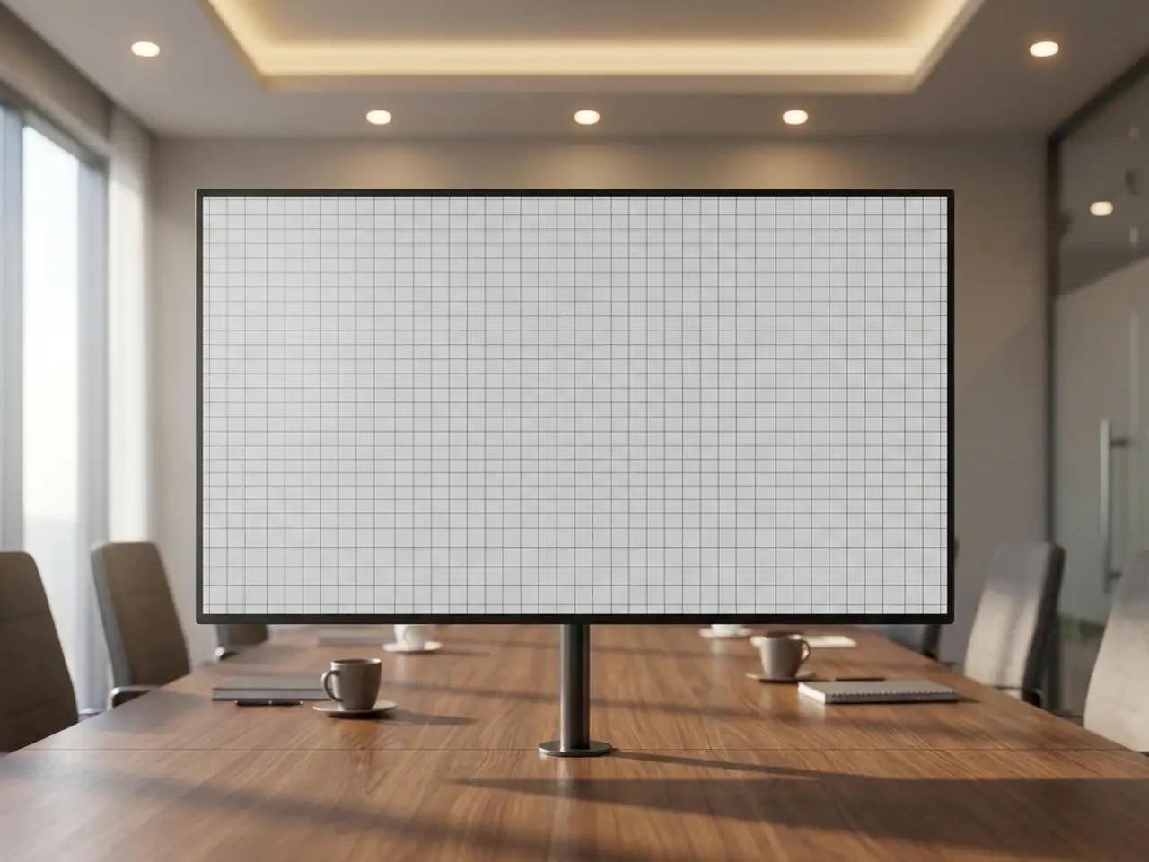 Professioneel presentatiescherm met 16:9 rasterpatroon op zwarte standaard in moderne vergaderruimte met houten tafel