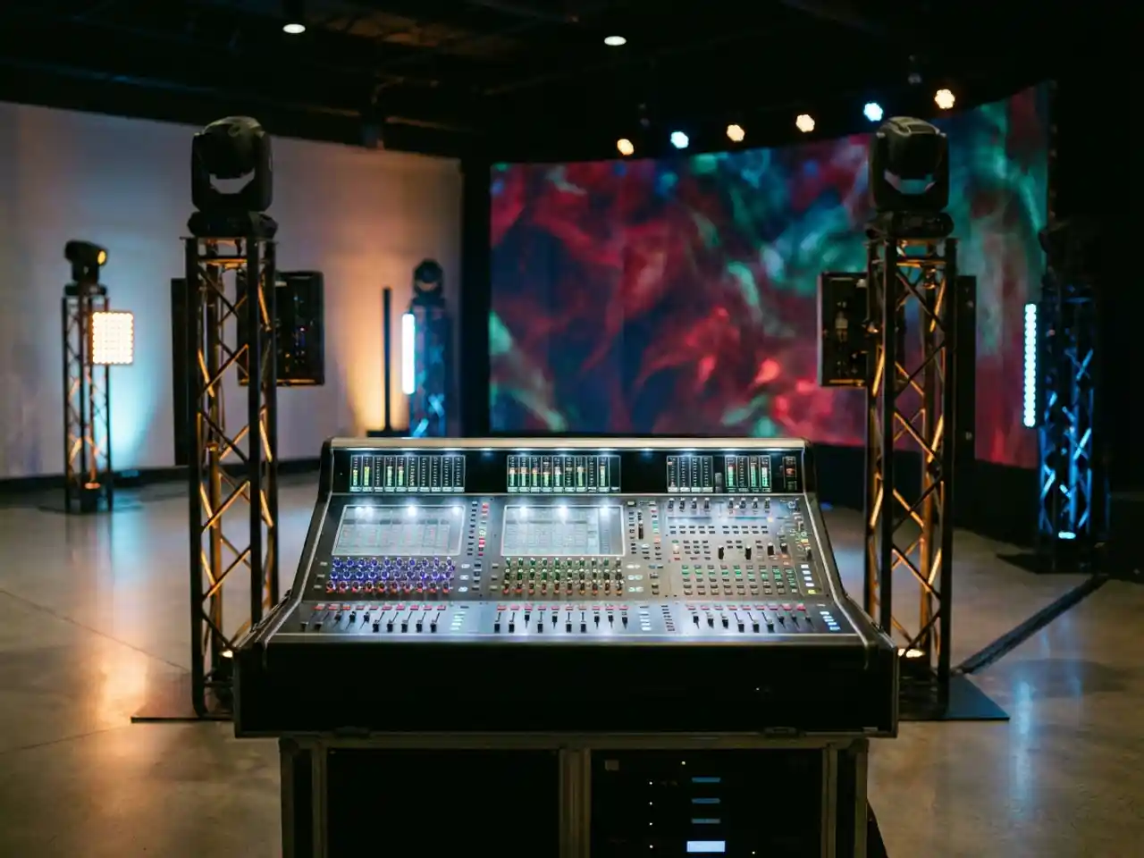 Professionele audiomengpaneel met verlichte LED-meters en faders, omringd door podiumverlichting en groot videoscherm in moderne evenementenlocatie