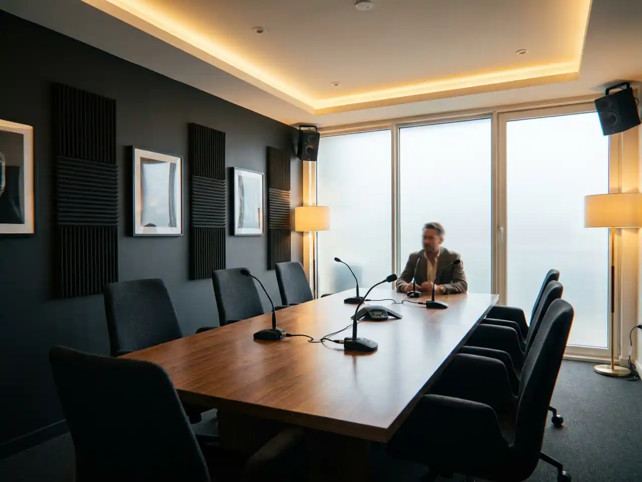 Moderne vergaderruimte met akoestische schuimpanelen op donkere muren, houten tafel omringd door ergonomische stoelen en professionele audio-apparatuur