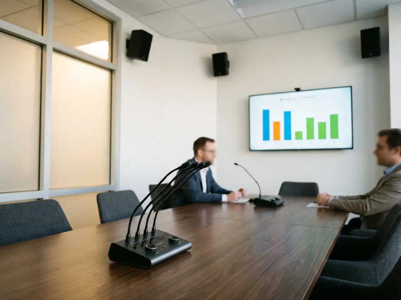 Moderne vergaderruimte met zwarte speakers op witte muren, draadloos presentatiescherm met kleurrijke grafieken en professioneel microfoonsysteem op gepolijste houten tafel