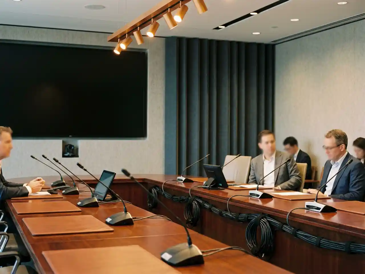 Professionele vergaderruimte met presentatiescherm, microfoons op houten tafel en akoestische wandpanelen