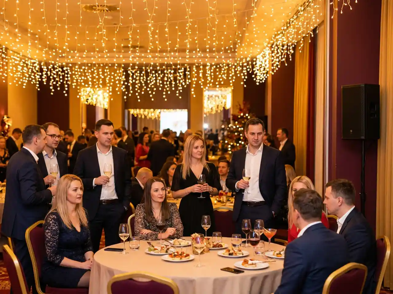 Collega's in feestkleding rond een gedekte tafel op een bedrijfsfeest, verlicht met sfeervol lichtsnoer en warme gouden tinten.