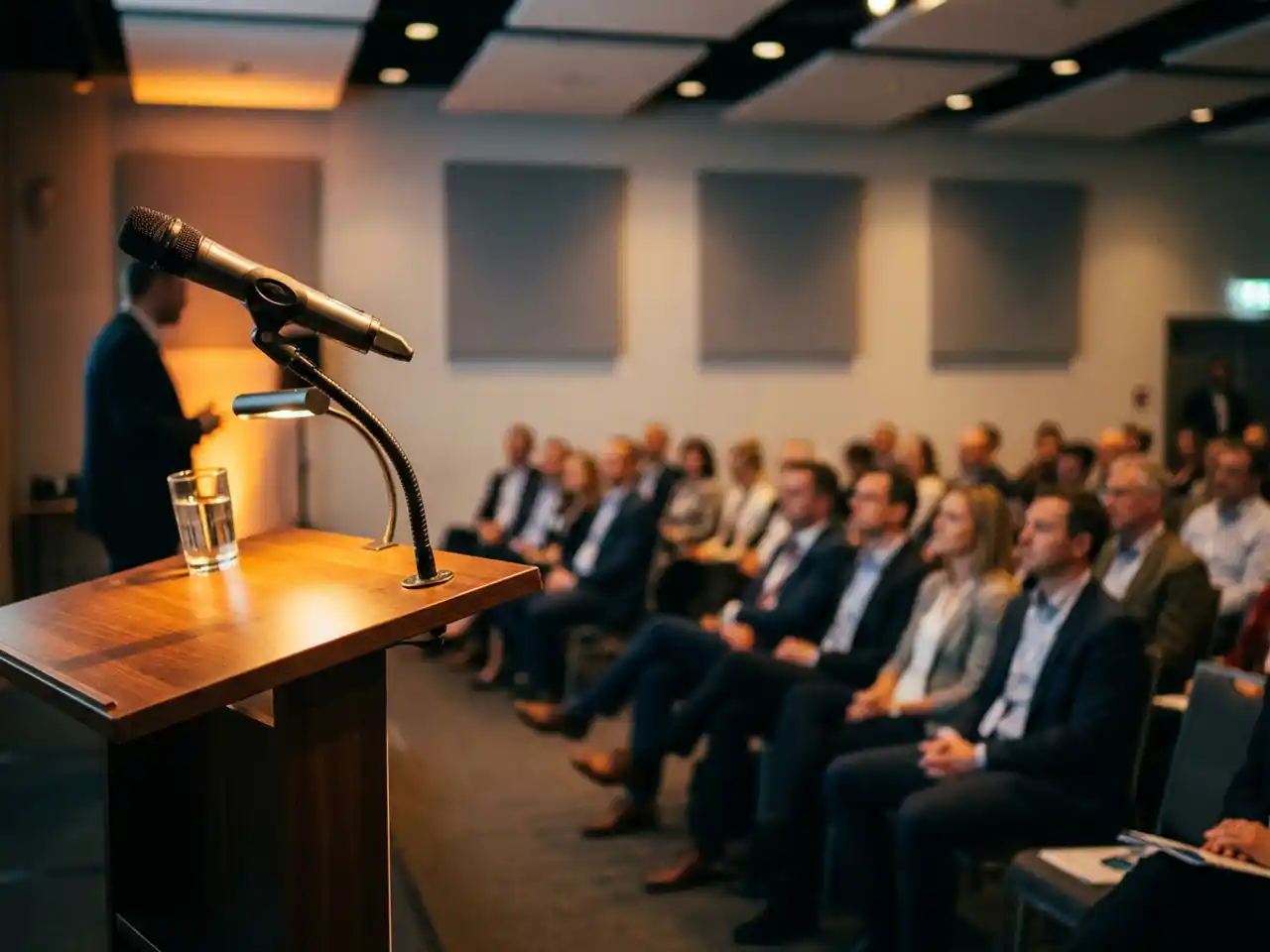 Podiumsmicrofoon op de voorgrond tijdens een professionele conferentie, met rijen toehoorders zachtjes onscherp op de achtergrond.